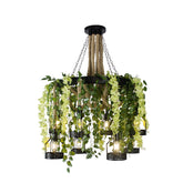 Lámpara de araña vintage de cuerda de cáñamo con 8 cabezas de flores en color morado/verde, perfecta para iluminación de restaurante con jaula de metal
